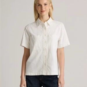 Quince Women Denim Short Sleeve Shirt Off-White Button Down Top XS